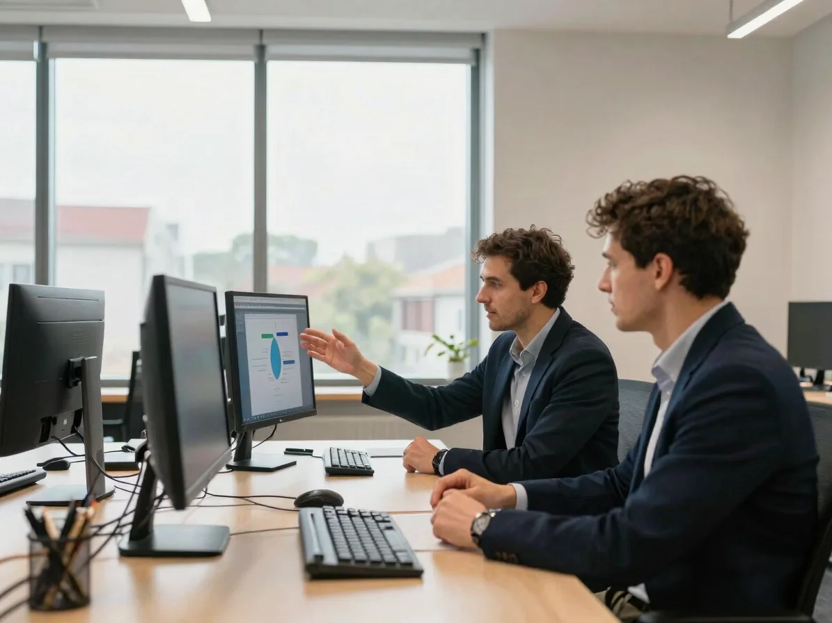 Editorial corporate photograph, soft natural window light, deep n