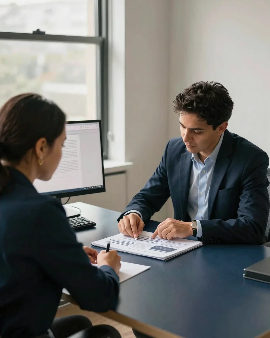 Editorial corporate photograph of two professionals reviewing a p